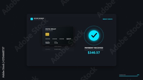Digital payment confirmation interface with credit card and success animation