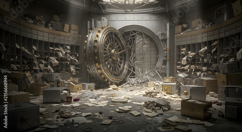Massive Bank Vault Door Damaged and Open, Revealing a Messy Interior Scattered with Documents and Boxes