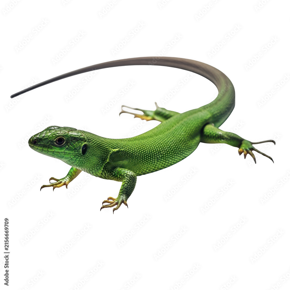 Fototapeta premium Vibrant green lizard with long tail detailed close-up