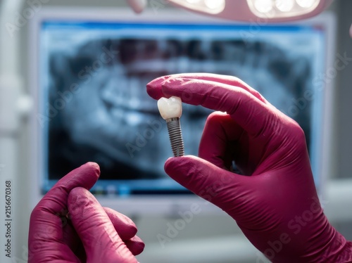 Dentist holding dental implant showing tooth root screw in clinic