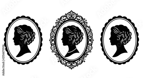 Vintage Woman Profile Silhouette in Ornamental Frames Vector Illustration