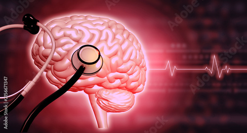 Fotografía 3d medical illustration of human brain anatomy alongside a stethoscope, set against a dark scientific background with glowing ECG lines
