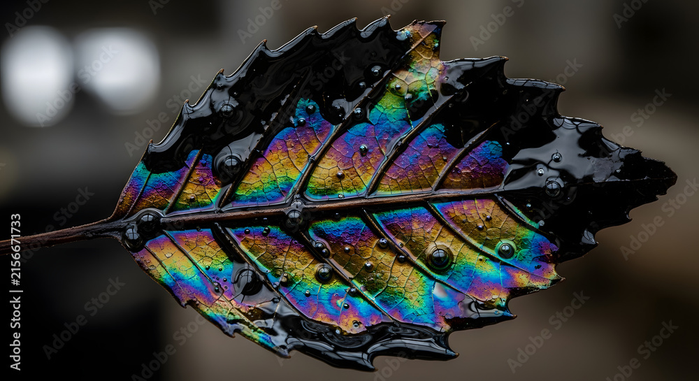 Fototapeta premium Close-up macro of an iridescent oil slick on a black leaf with rainbow colors and water droplets