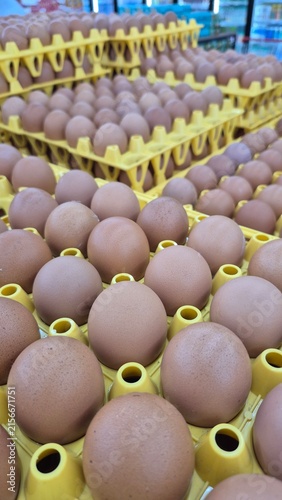 Rows of Fresh Brown Chicken Eggs in Yellow Cardboard Cartons for Grocery Store Food Retail and Healthy Eating Concepts