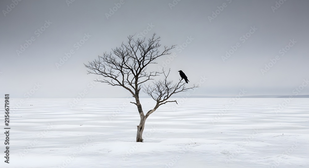 Obraz premium Raven perched on a lone tree in a snowy landscape