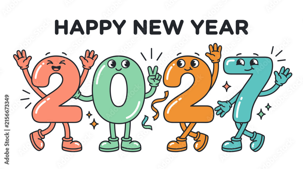Fototapeta premium Cartoon 2027 characters celebrating happy new year 1.