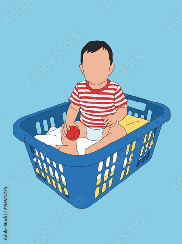 Fotografie Baby Boy Sitting in Laundry Basket Playing Vector