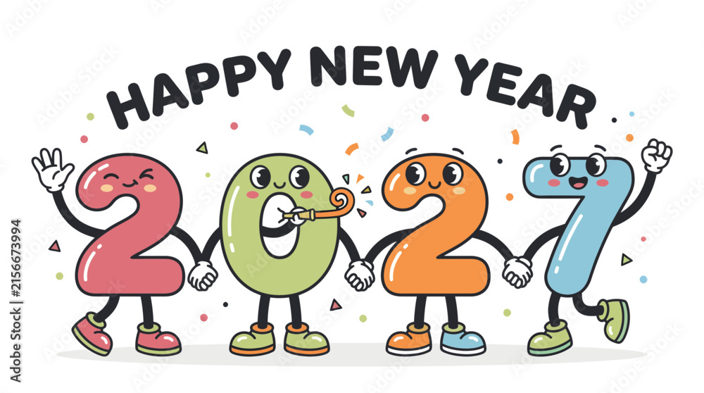 Fototapeta premium Happy New Year 2027 Cartoon Character Numbers 1.