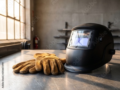 Welding Helmet And Leather Work Gloves Resting On Steel Workbench In Workshop At Sunrise