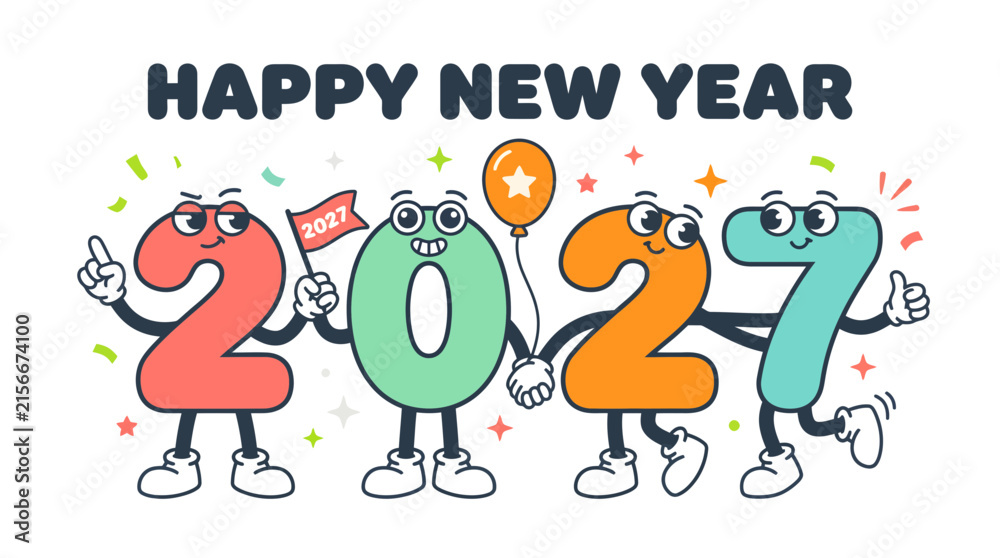 Fototapeta premium Happy New Year 2027 Cartoon Character Numbers Illustration 14.