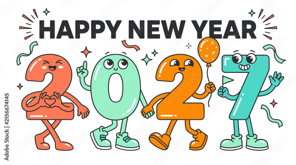 Fototapeta premium Happy New Year 2027 greeting card with cute anthropomorphic number characters 1.