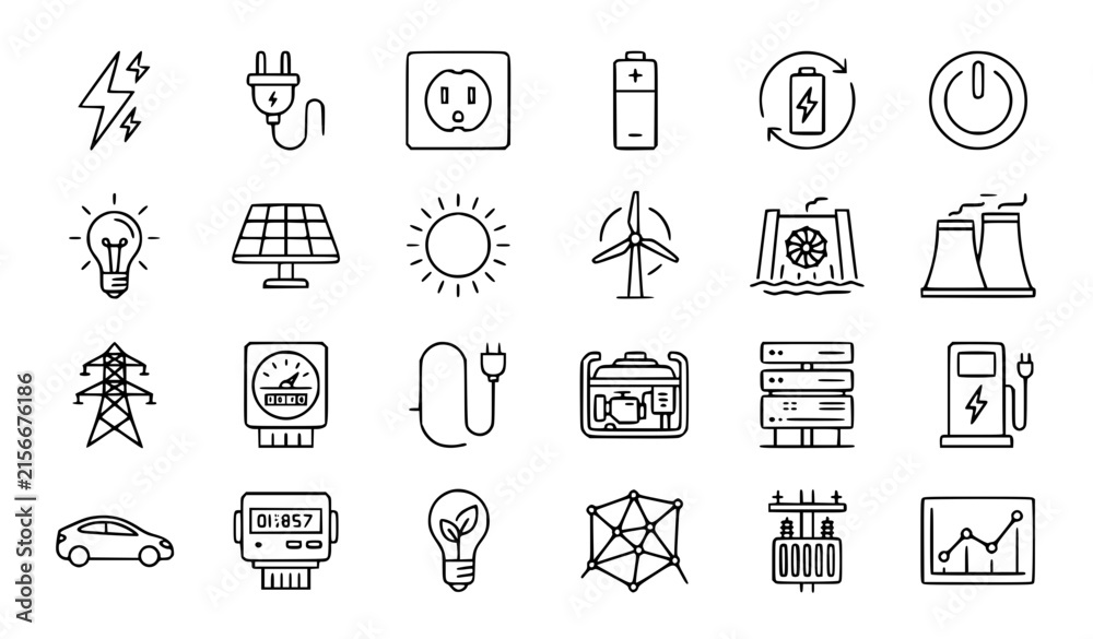 Fototapeta premium Monochrome Energy Line Drawing Icons Electricity Power Vector Set