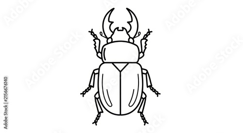 Minimalist Line Art of a Stag Beetle Insect with Large Antlers, Isolated on White Background