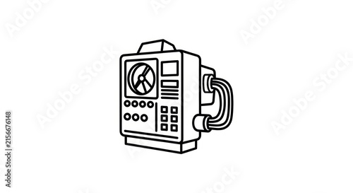 Retro Futuristic Machine Illustration, Vintage Sci-Fi Device with Fan and Buttons, Outline Drawing