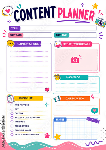 Content Planner Template for Organizing Social Media Posts, Captions and Content Ideas