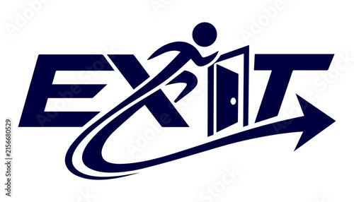 Foto Person running toward exit door emergency sign graphic with emergency, wayfindin
