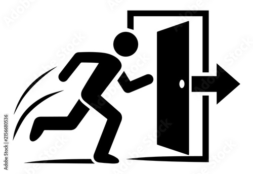Konstfotografi Running man icon exiting through doorway with emergency wayfinding pictogram