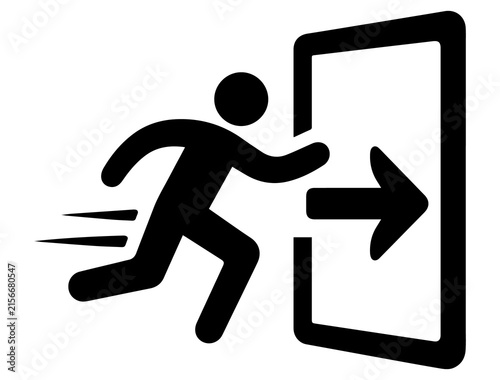 Bild auf Leinwand Running silhouette person exiting open door icon with emergency wayfinding picto
