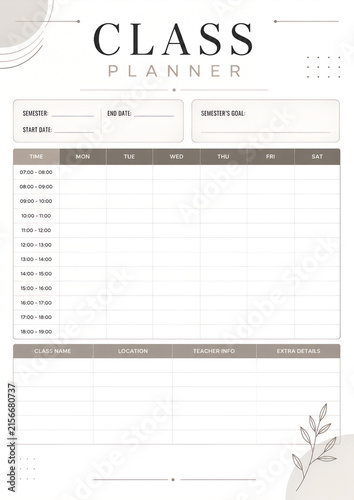 Class Planner Template with Daily Schedule, Class Times and Notes