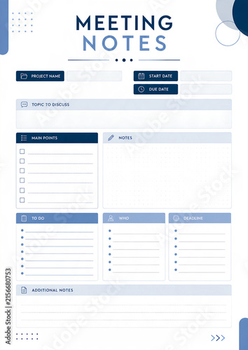 Meeting Notes Planner Template for Organizing Agenda, Action Items and Discussion Notes