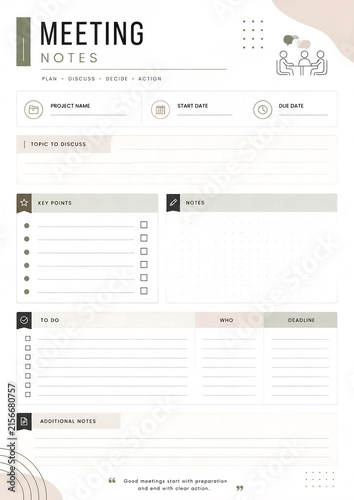 Minimalist Meeting Notes Planner Template for Agenda, Action Items and Discussion Notes