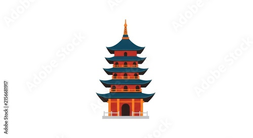 Traditional Asian Pagoda Tower Building, Five Stories, Red and Blue Architecture, Isolated on White Background, Vector Illustration