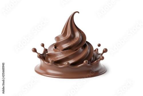 Soft Serve Chocolate Ice Cream Swirl with Droplets Forming Base Splash