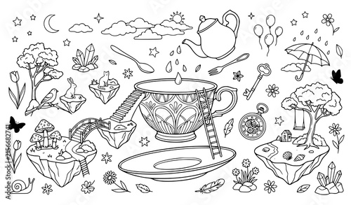 Foto Enchanted giant teacup floating island, surreal fairytale tea party, magical dre