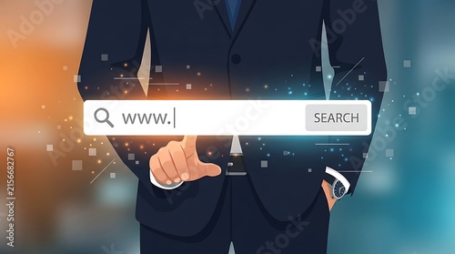 Man surfing on internet with digital tactile web address bar. High quality image