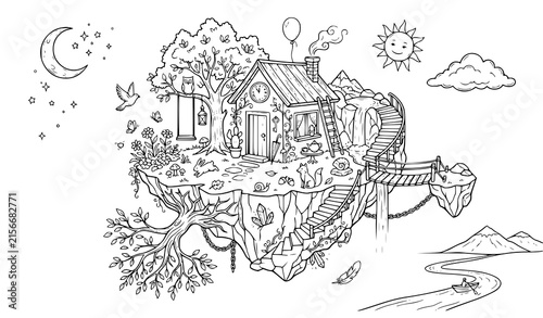 Foto Enchanted floating island cottage, fairytale dreamland landscape, surreal cottag