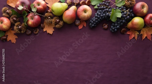 Autumn harvest background with fresh apples pears grapes and colorful fall leaves on dark purple