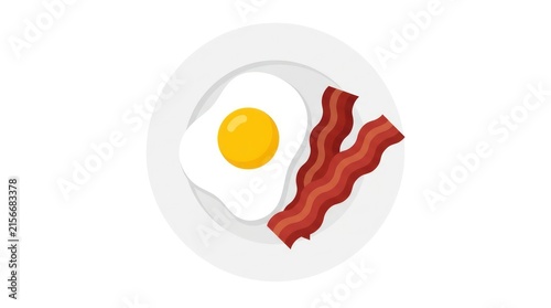 Delicious Fried Egg and Crispy Bacon on a Plate, Classic Breakfast Food Flat Illustration