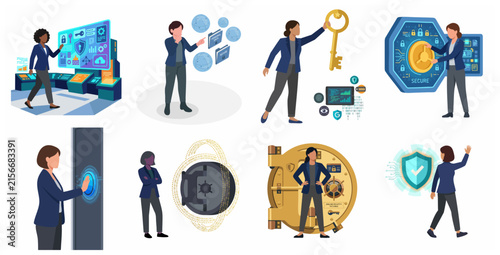 Set of diverse businesswomen managing cybersecurity, data protection, and digital safety with biometric access, cloud security, and encryption concepts.