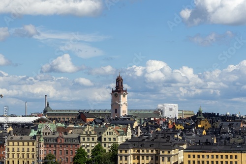 Photography Stockholm cityscape with Gamla Stan architecture and Storkyrkan tower