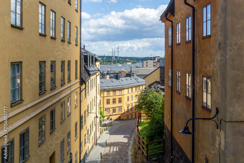 Photography Stockholm Södermalm street with old buildings and harbor view