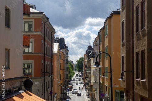 Sticker Stockholm city street with colorful Scandinavian buildings and traffic