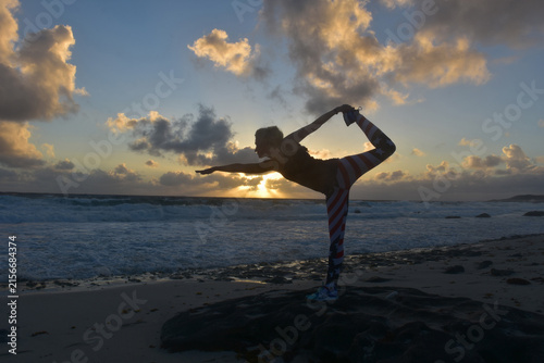 Sunrise Yoga Silhouette Woman in Dancer Asana Aruba Beach