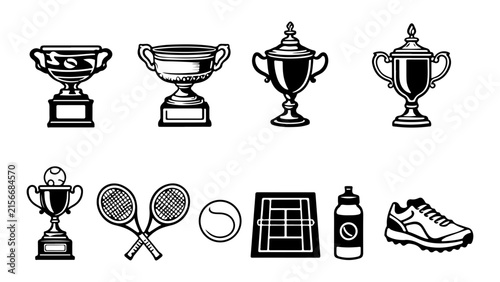 Tennis tournament icons set with trophies rackets ball court water bottle.