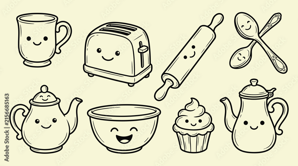 Obraz premium dorable Hand Drawn Cartoon Objects Collection Kitchen Gardening Travel Workspace Picnic Line Vector