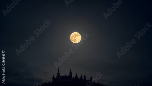 Full Moon Over Silhouetted Castle at Night