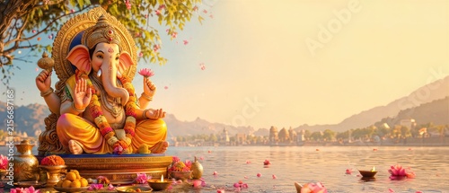 Statue of Hindu deity Ganesha sitting on a platform by a river during Ganesh Chaturthi. Religious festival celebration with flowers, offerings and golden light. Banner with copy space