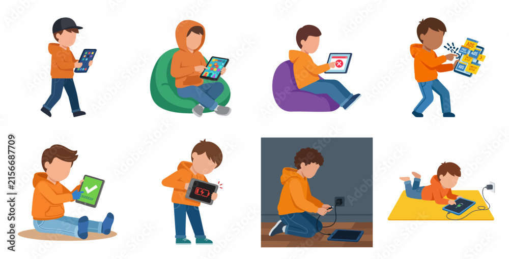 Fototapeta premium Boy Using Tablet and Phone Illustration Set: Screen Time, Addiction, Charging, and Online Safety Concepts