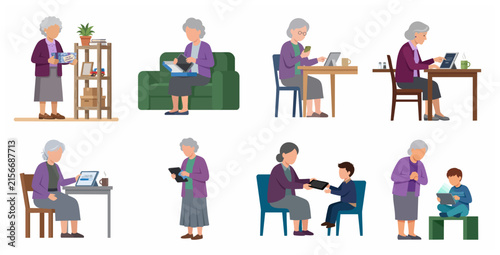 Set of elderly woman using digital tablet and smartphone, grandmother learning technology and playing with grandson, flat vector illustration
