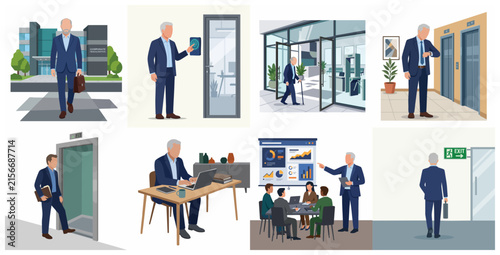 Professional businessman daily office routine scenes set including arriving at work, biometric access, elevator waiting, laptop working, meeting presentation and exiting