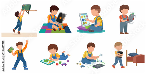 Little Boy Using Tablet PC Set, Toddler and Digital Device Screen Time Concept Illustrations