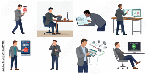 Cybersecurity and IT Professional Set: Network Security, Phishing Alerts, and Office Work Illustrations