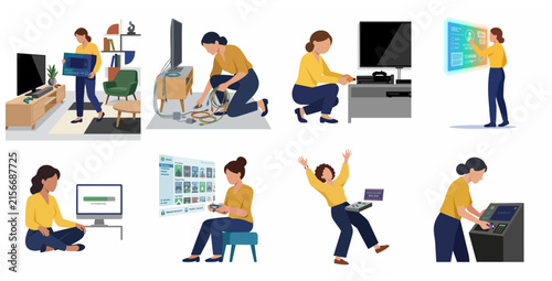 Modern Gaming Lifestyle Set: Woman Setting Up Console, Organizing Cables, Playing Games, and Celebrating High Score Illustration