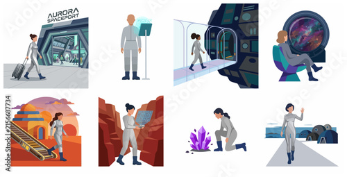 Space Exploration and Interstellar Travel Flat Vector Illustration Set Featuring Astronauts and Alien Planets