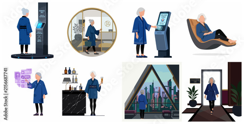Set of flat vector illustrations of a senior woman enjoying a futuristic luxury lifestyle, featuring high-tech facilities, holographic menus, and exclusive club access.
