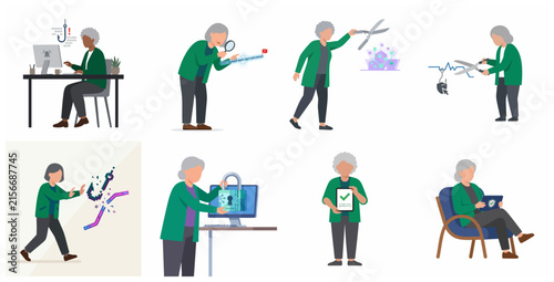 Senior Woman Protecting Herself from Cyber Attacks and Phishing Scams Vector Illustration Set